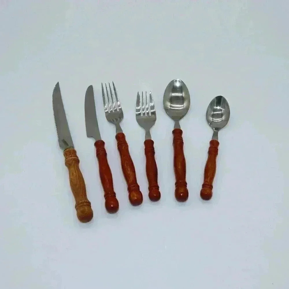 Vintage Wood Handled Flatware set, service for 8, Colonial Style Rustic NIB - Picture 2 of 5